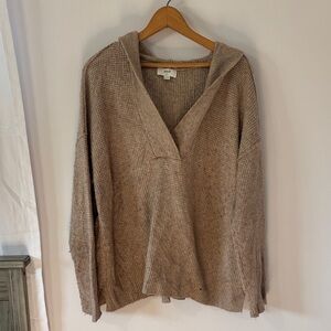 aerie Oversized Taupe V-Neck Hooded Waffle Knit Sweater